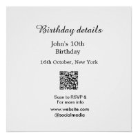 Birthday details 10th birthday scan QR websiteRSVP