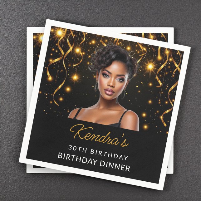 Birthday Dinner Gold and Black Photo Instagram  Napkins (Creator Uploaded)