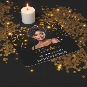Birthday Dinner Gold and Black Photo Instagram  Square Paper Coaster