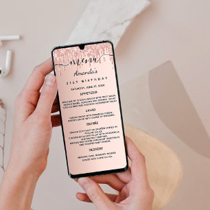 Birthday dinner menu rose gold card