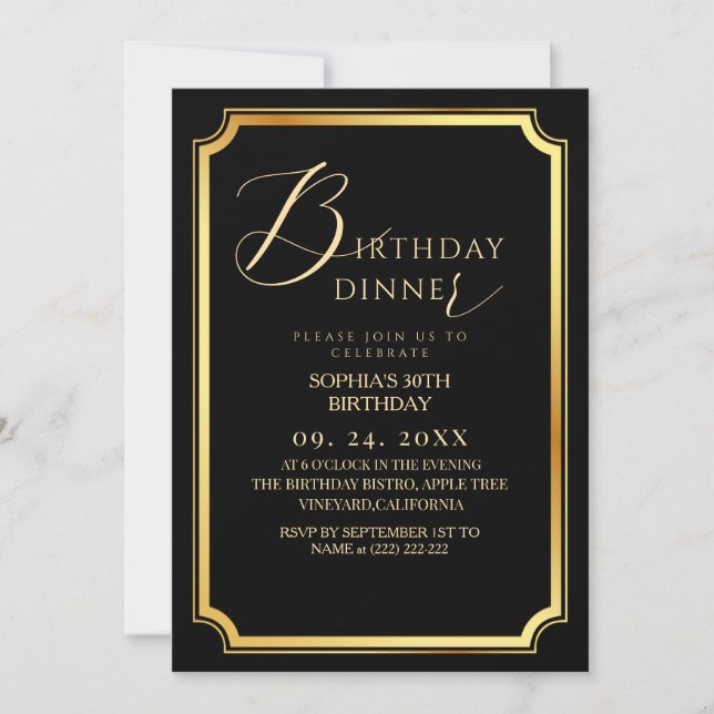  Birthday Dinner Modern & Minimal Black  Invitation (Front)