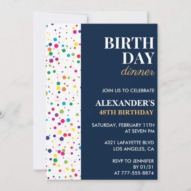 Birthday dinner Navy Blue Confetti 48th birthday Invitation (Front)