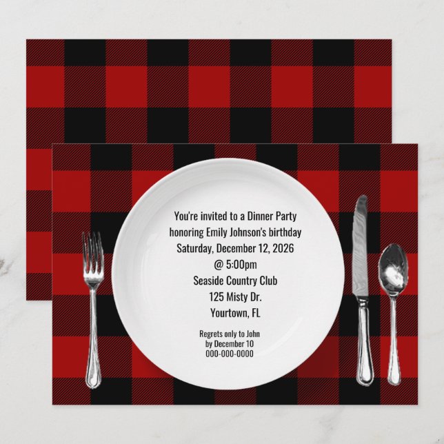 Birthday Dinner Party Buffalo Plaid Invitation (Front/Back)