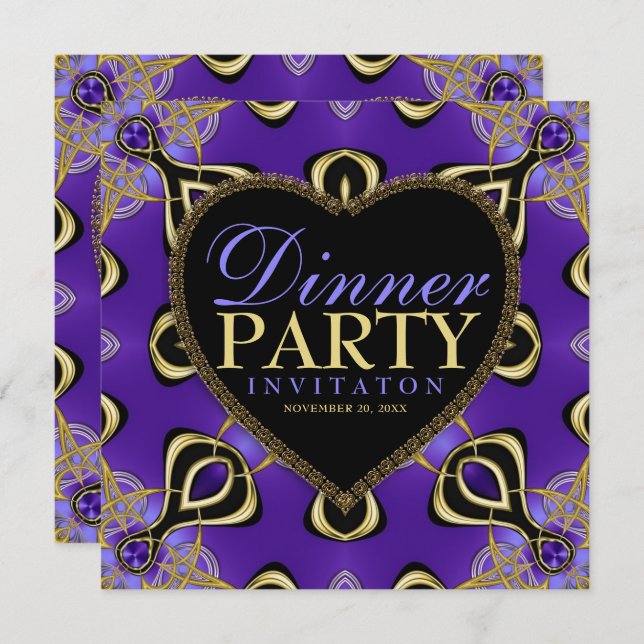 Birthday Dinner Party Purple Gold Invitations (Front/Back)