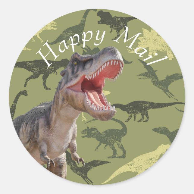 Birthday Dinosaur Pattern Jurassic  Happy Mail Classic Round Sticker (Front)