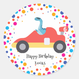 Birthday Dinosaur race car boy red racing kid name Classic Round Sticker