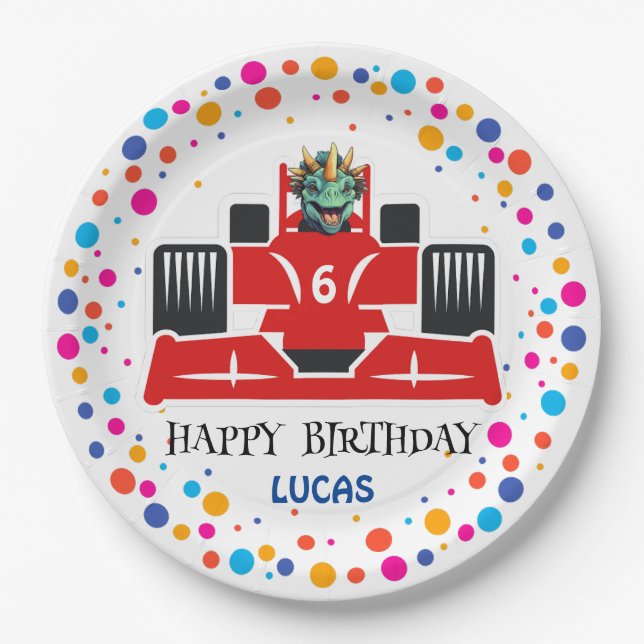 Birthday Dinosaur race car boy red racing kid name Paper Plates (Front)