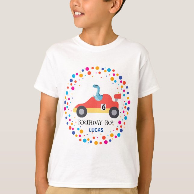 Birthday Dinosaur race car boy red racing kid name T-Shirt (Front)