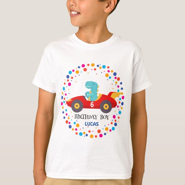 Birthday Dinosaur race car boy red racing kid name T-Shirt (Front)