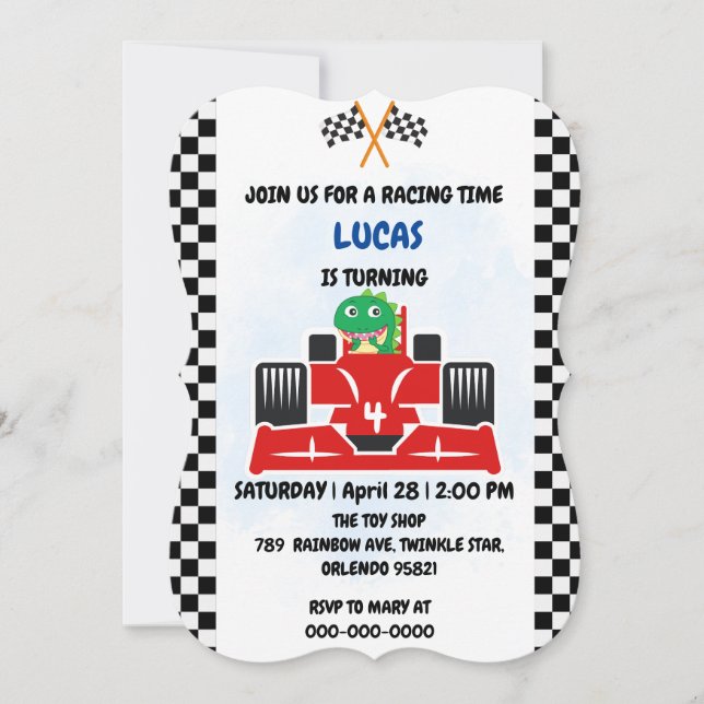 Birthday Dinosaur race car boy red racing kids nam Invitation (Front)