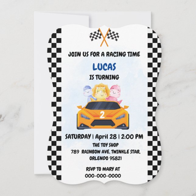 Birthday Dinosaur race car boy red racing kids nam Invitation (Front)