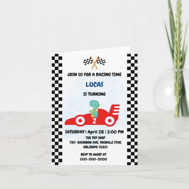 Birthday Dinosaur race car boy red racing kids nam Invitation (Front)