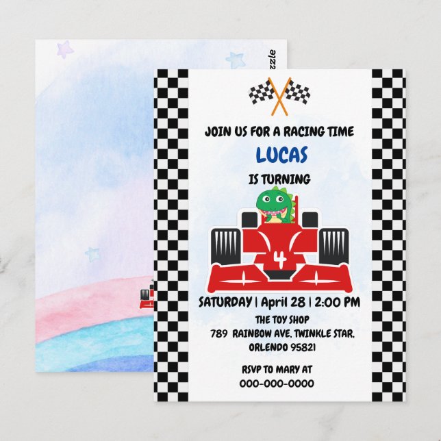 Birthday Dinosaur race car boy red racing kids nam Postcard (Front/Back)