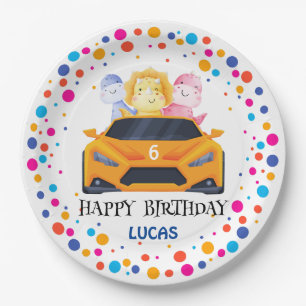 Birthday Dinosaur race car boy yellow racing kid  Paper Plates