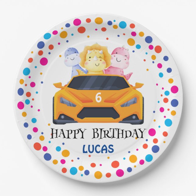 Birthday Dinosaur race car boy yellow racing kid  Paper Plates (Front)