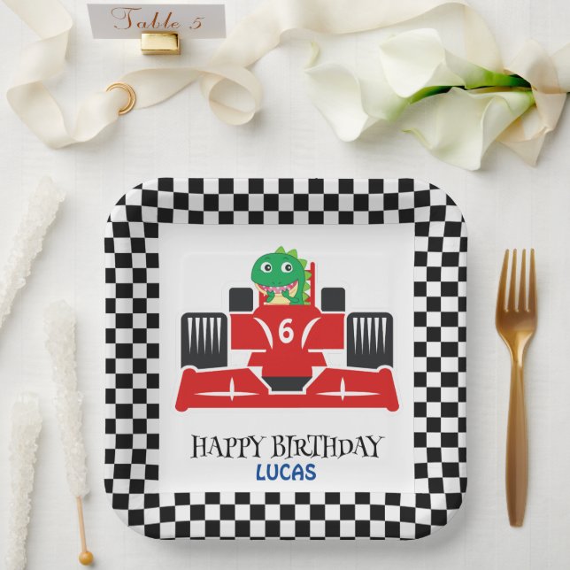 Birthday Dinosaur race car red boy kid name Paper Plates (Wedding)
