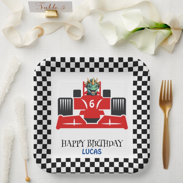 Birthday Dinosaur race car red boy kid name Paper Plates (Wedding)