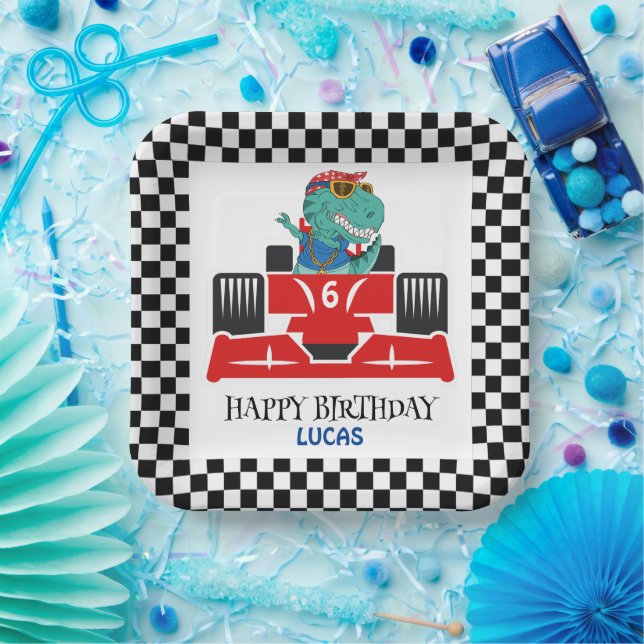 Birthday Dinosaur race car red boy kid name Paper Plates (Party)