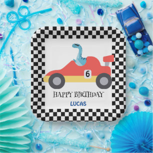 Birthday Dinosaur race car red boy kid name Paper Plates