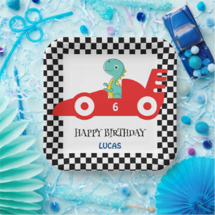 Birthday Dinosaur race car red boy kid name Paper Plates