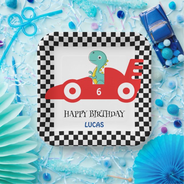 Birthday Dinosaur race car red boy kid name Paper Plates (Party)