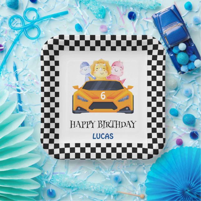 Birthday Dinosaur race car yellow boy kid name Paper Plates (Party)