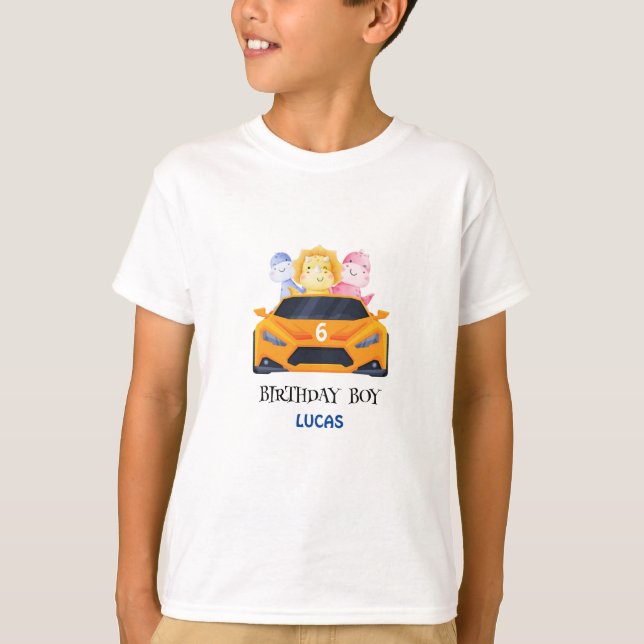 Birthday Dinosaur race car yellow boy kid name T-Shirt (Front)