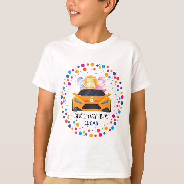 Birthday Dinosaur race car yellow boy kid name T-Shirt (Front)