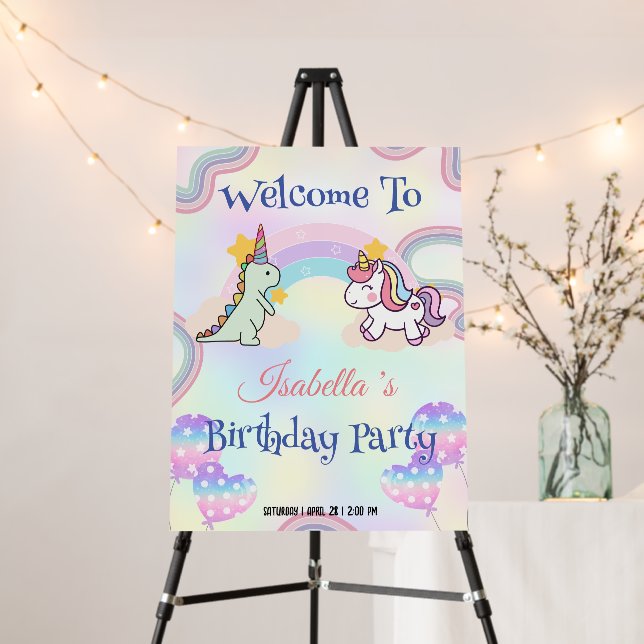 Birthday dinosaur rainbow unicorn Party for Girls Foam Board (In Situ (Stand))