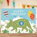 Birthday Dinosaur Triceratops Custom Name Age  Card<br><div class="desc">Say "Happy Birthday" with this cute personalized greetings card, featuring a Triceratops dinosaur, birthday balloons and a friendly bug hiding in the leaves! Comes in a colorful palette of greens, yellow, red, blues and orange, with a fun freeform polka dot pattern on the sides. ♦ To add your custom name,...</div>