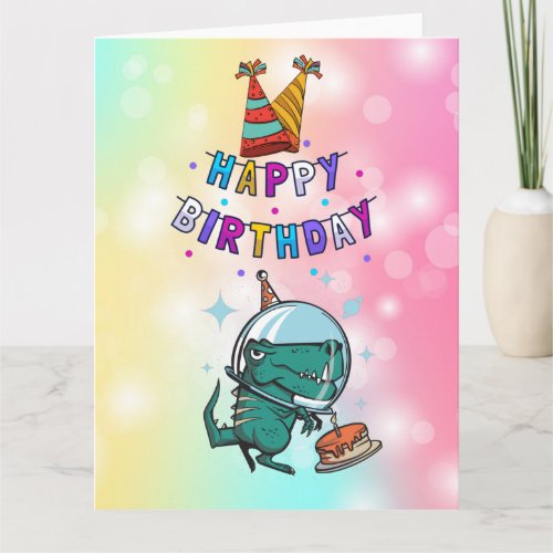 Birthday dinosaur with cake in the space card