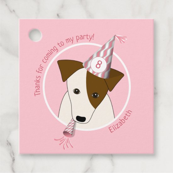 birthday dog puppy wearing party hat girls pink favor tags