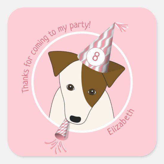 birthday dog puppy wearing party hat girls pink square sticker