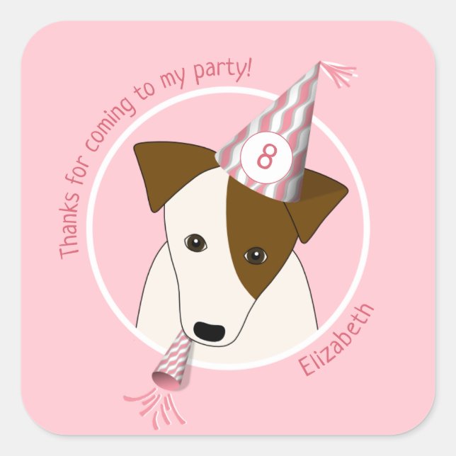 birthday dog puppy wearing party hat girls pink square sticker (Front)