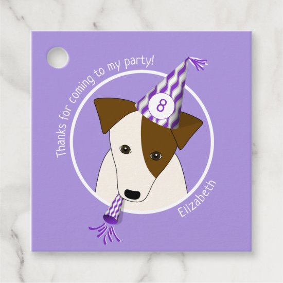 birthday dog puppy wearing party hat girls purple favor tags