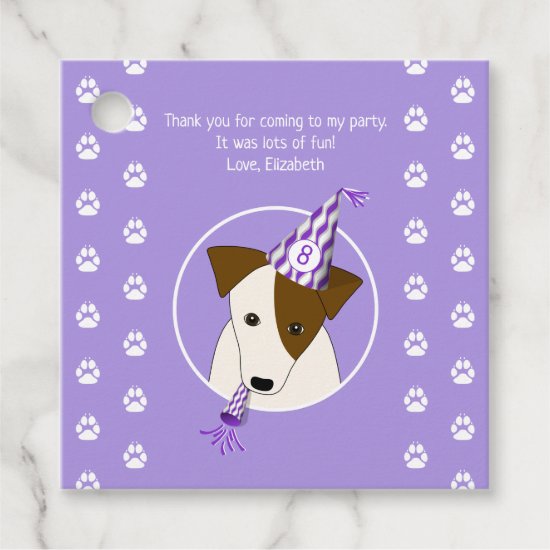 birthday dog puppy wearing party hat girls purple favor tags