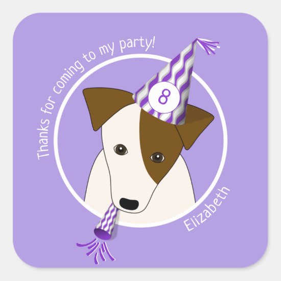 birthday dog puppy wearing party hat girls purple square sticker