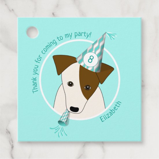 birthday dog puppy wearing party hat girls teal favor tags