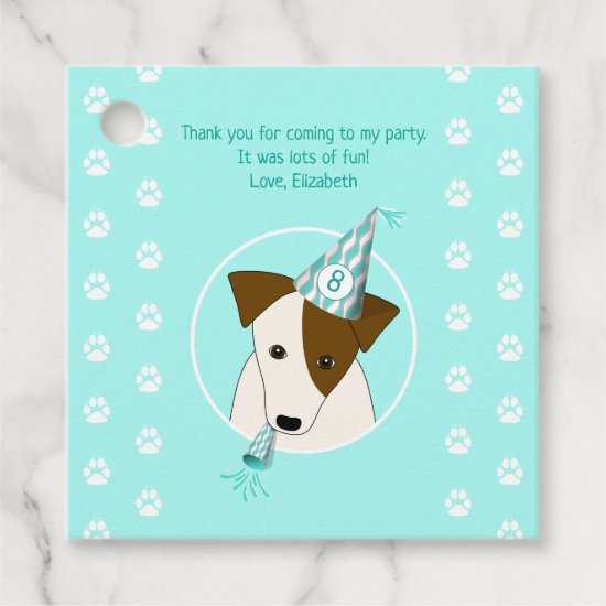 birthday dog puppy wearing party hat girls teal favor tags