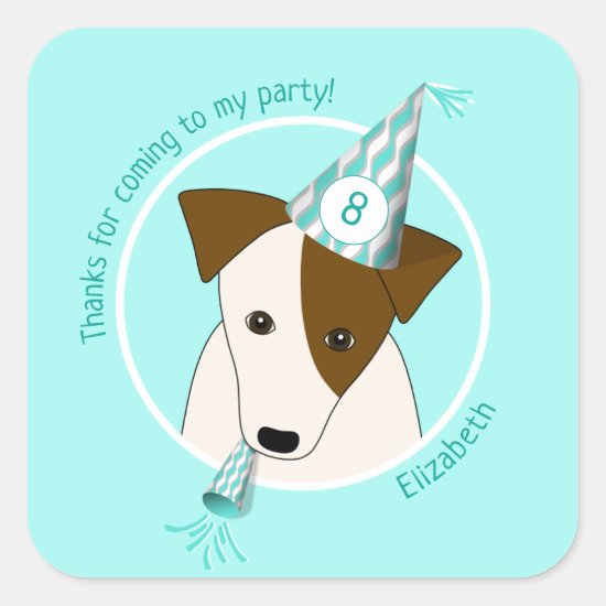 birthday dog puppy wearing party hat girls teal square sticker