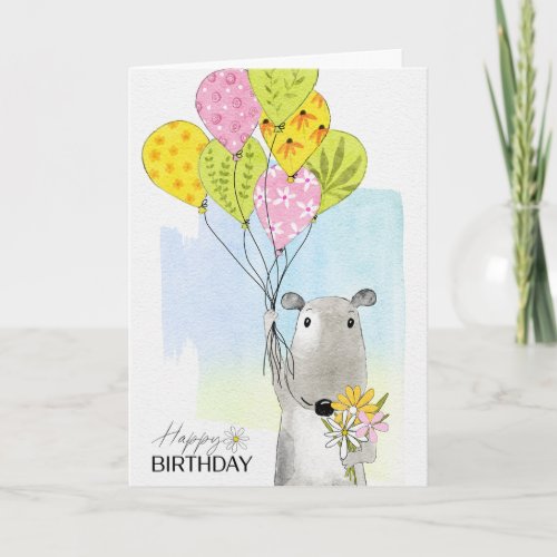 Birthday Dog with Balloons and Flowers Holiday Card