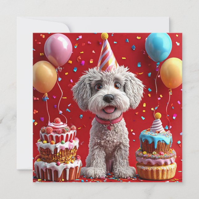 Birthday dog with cake and balloons invitation (Front)