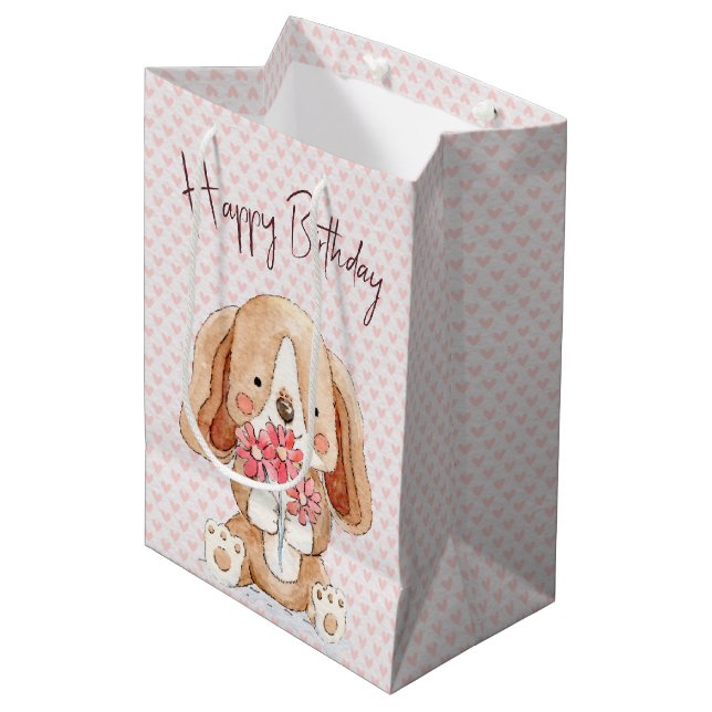 Birthday Dog with Flowers On Pink Hearts Medium Gift Bag (Front Angled)