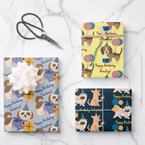 Birthday dogs and puppies with gifts and balloons  wrapping paper sheets