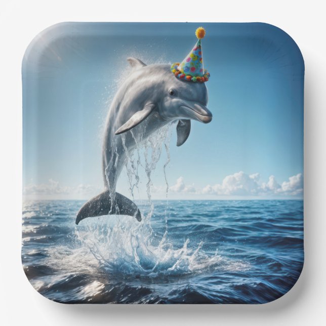 Birthday Dolphin Leaping Out of Water Paper Plates (Front)