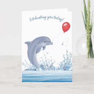 Birthday Dolphin With Balloon In Water  Card