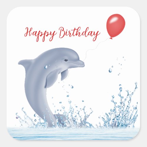 Birthday Dolphin With Red Balloon  Square Sticker