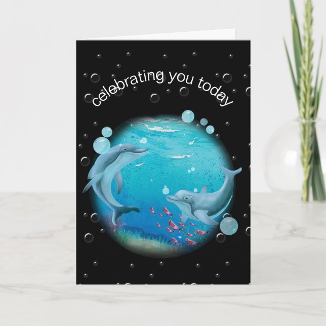 Birthday Dolphins On Planet Card (Front)