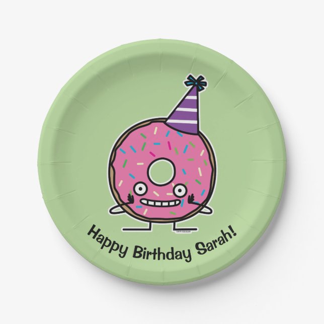 Birthday Donut pink icing sprinkles party hat Paper Plates (Front)