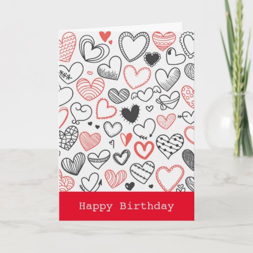 Birthday doodle hearts red and black hipster card